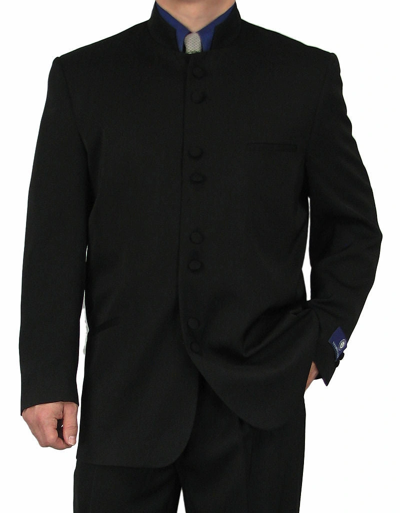 Milano Wedding Elegance Black Suit: Timeless Chinese Collar Style, Captivating Look.